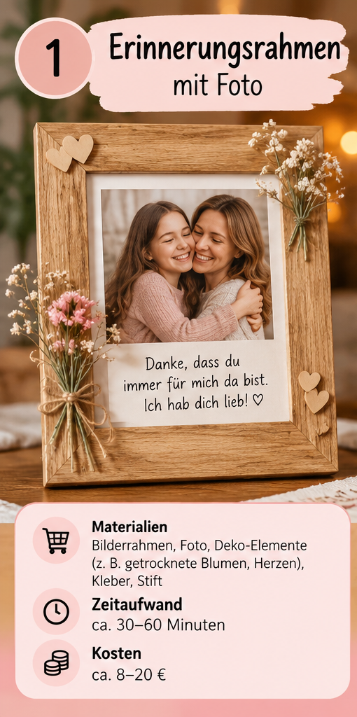 DIY-Idee: Erinnerungsrahmen mit Foto, Herzen und persönlicher Nachricht für Mama