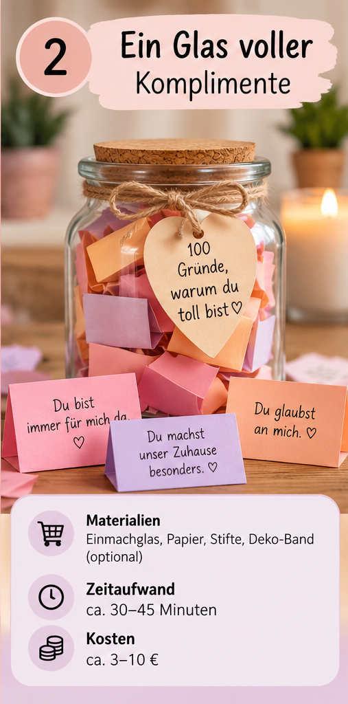 DIY-Idee: Glas mit bunten Komplimenten und Erinnerungszetteln für Mama