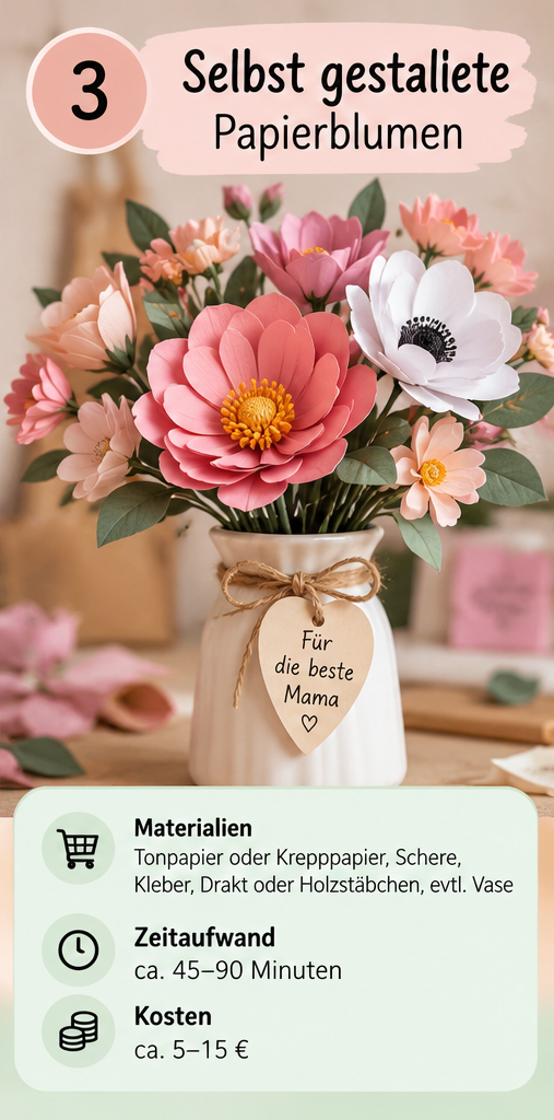 DIY-Idee: Bunter Strauß selbst gestalteter Papierblumen als Geschenk für Mama